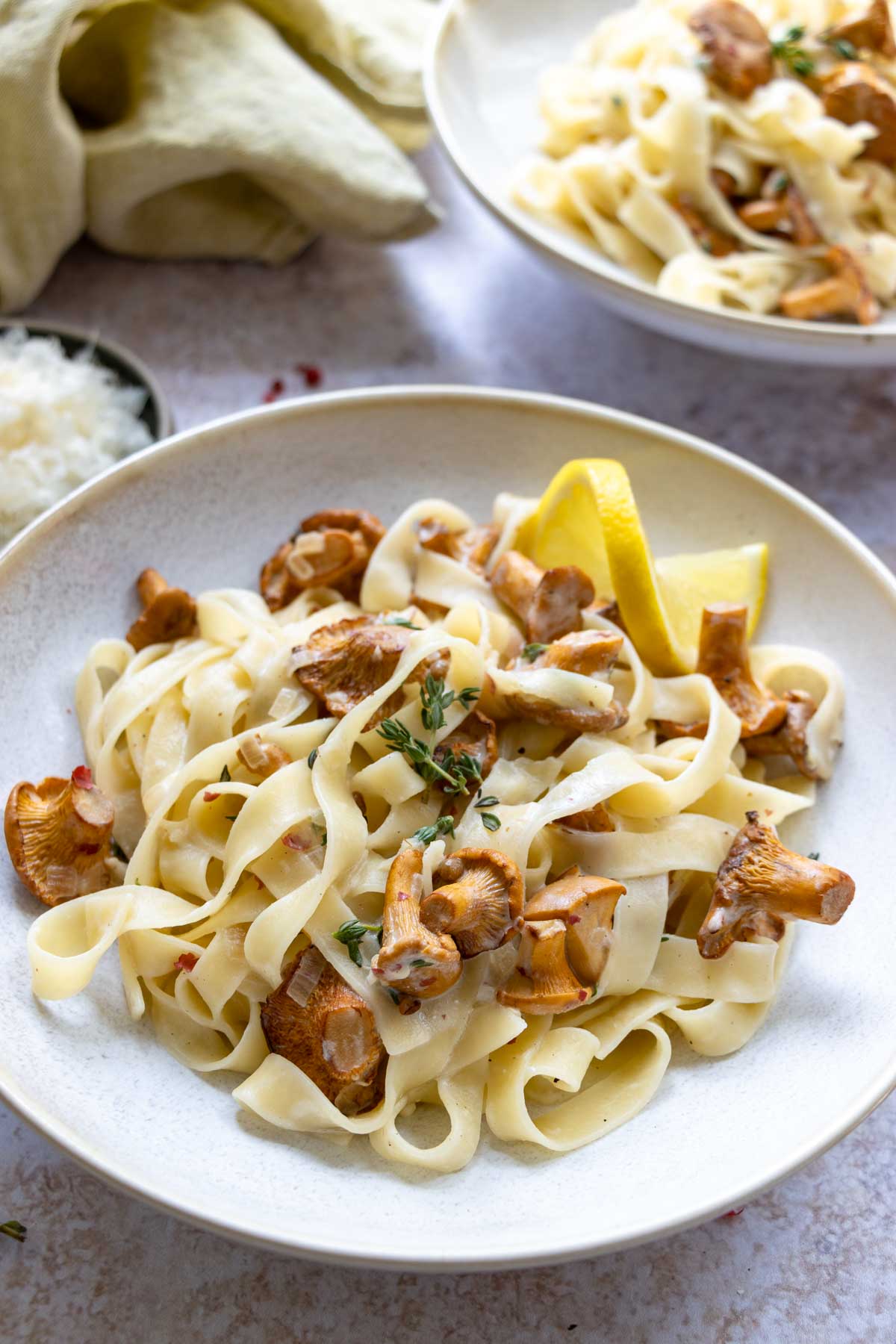 Pasta with Chanterelle Mushrooms, Pink Peppercorns & Mascarpone