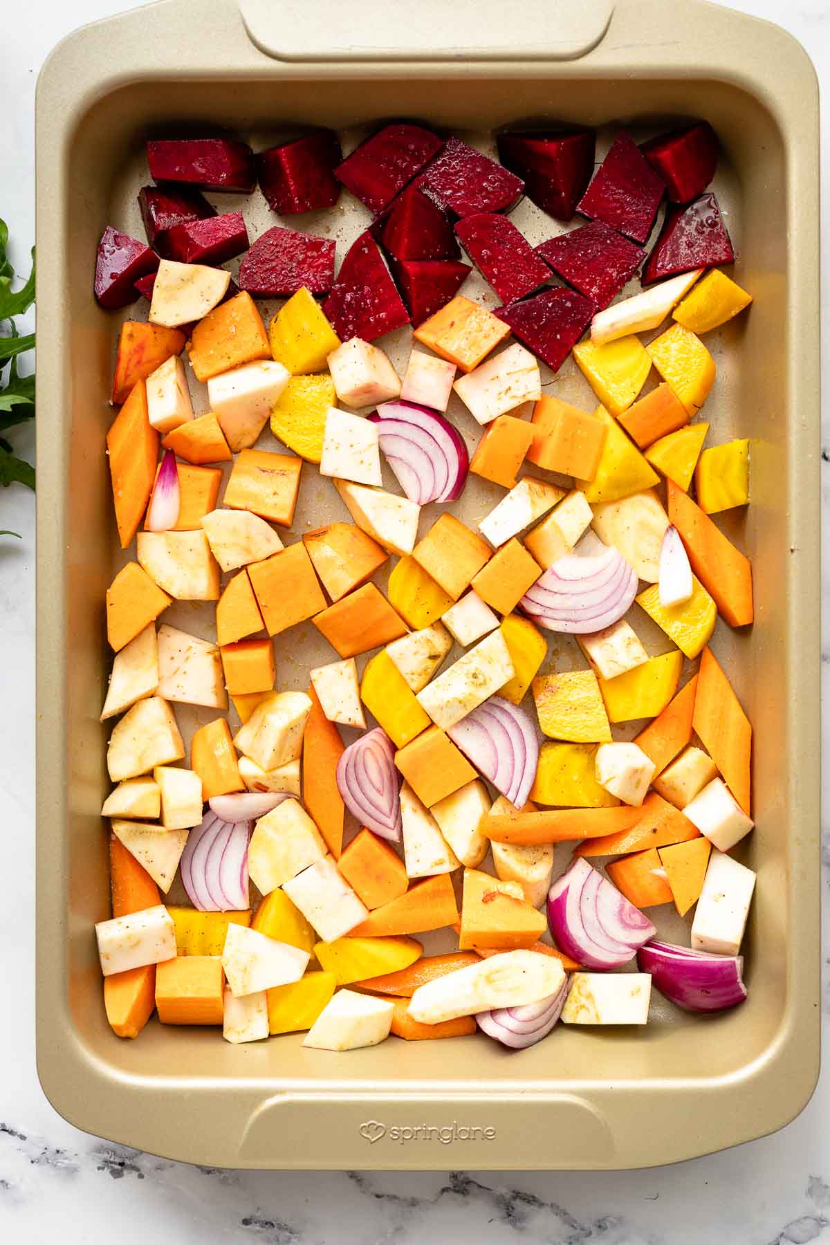 vegetables in roasting pan 