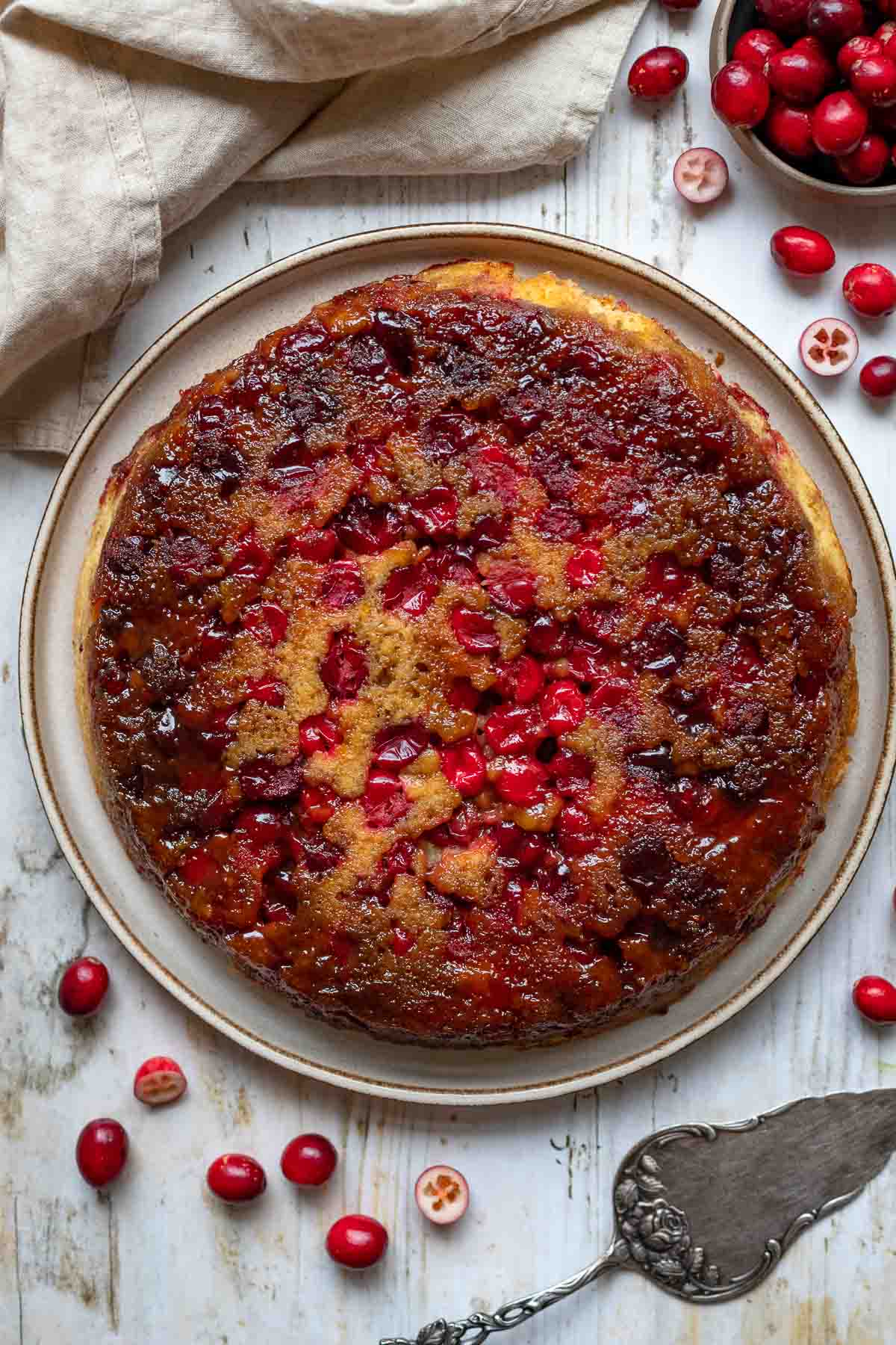 Cranberry Upside-Down Cake fresh baked in cast iron skillet