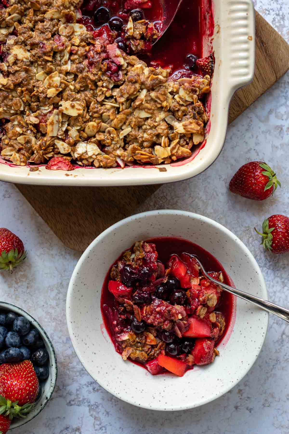 Nectarine & Berry Crumble served in a bowl