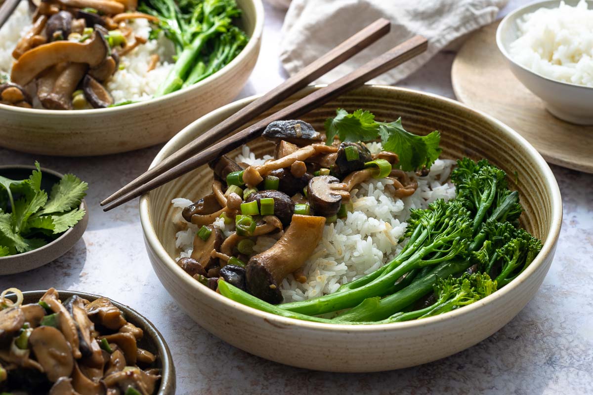 Roasted Miso Mushrooms with rice and broccolini
