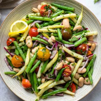 Bunter Bohnensalat Rezept mit Drei Bohnen, Cherry Tomaten und Estragon-Dressing