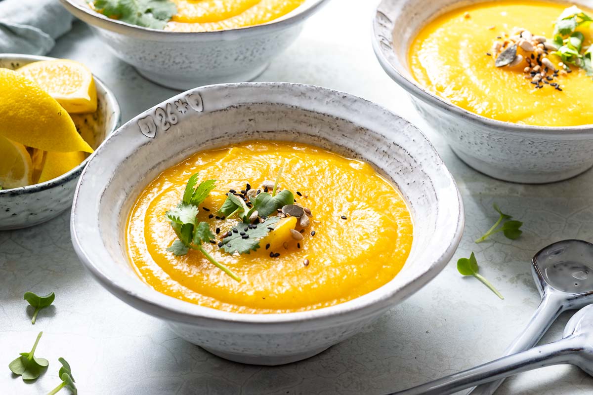 Butternut Squash Soup with Pear, Miso & Ginger (Vegan)