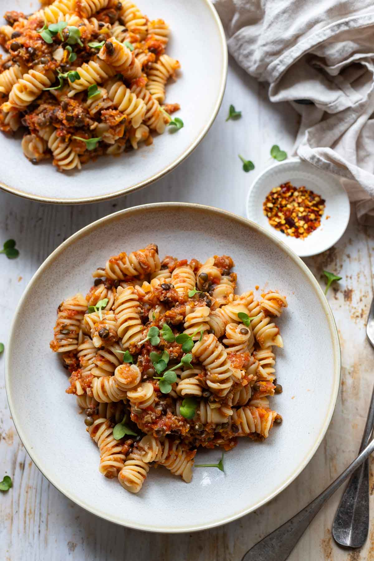 vegan Bolognese Sauce with lentils, sunflower seeds and mushrooms