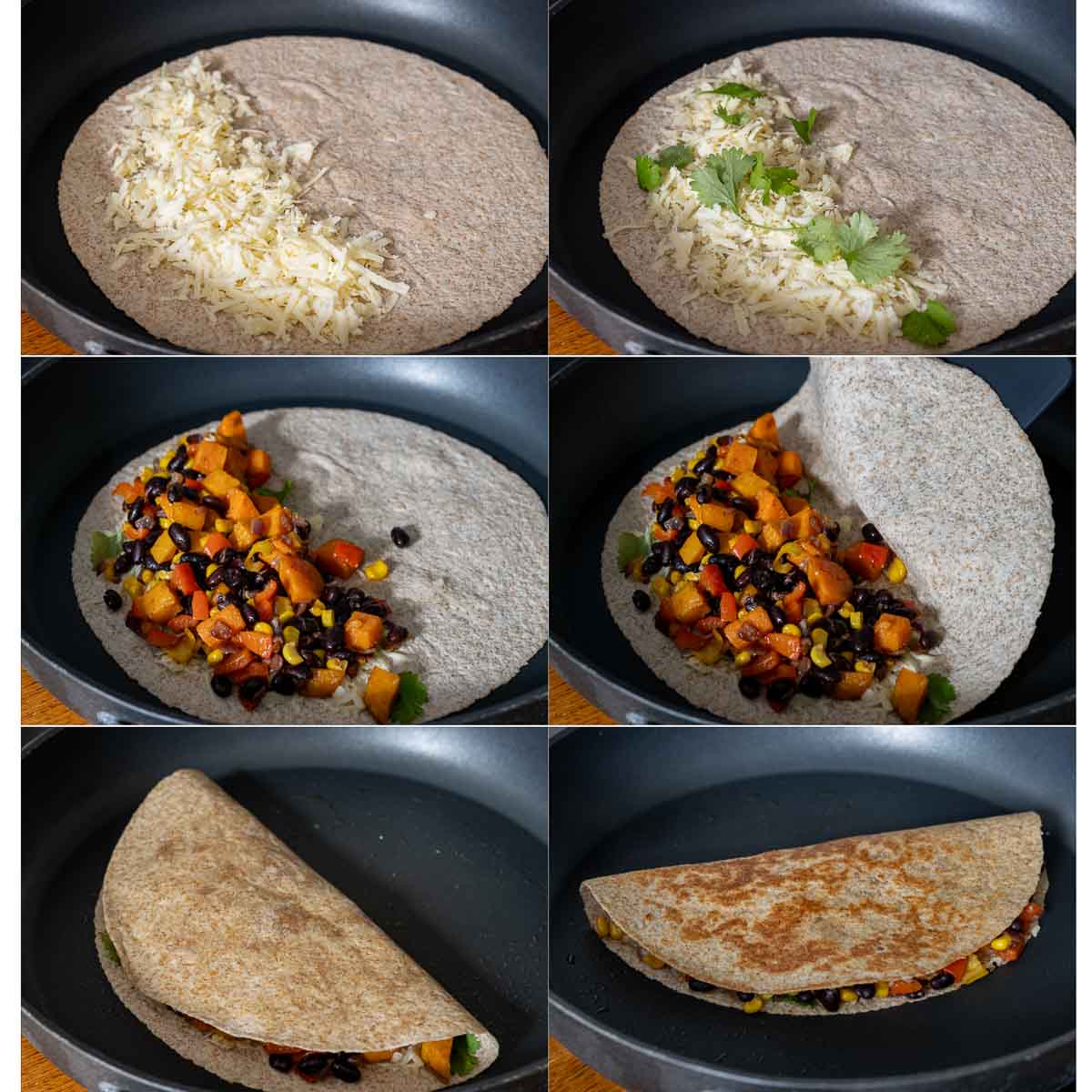 preparation steps for quesadillas in a skillet