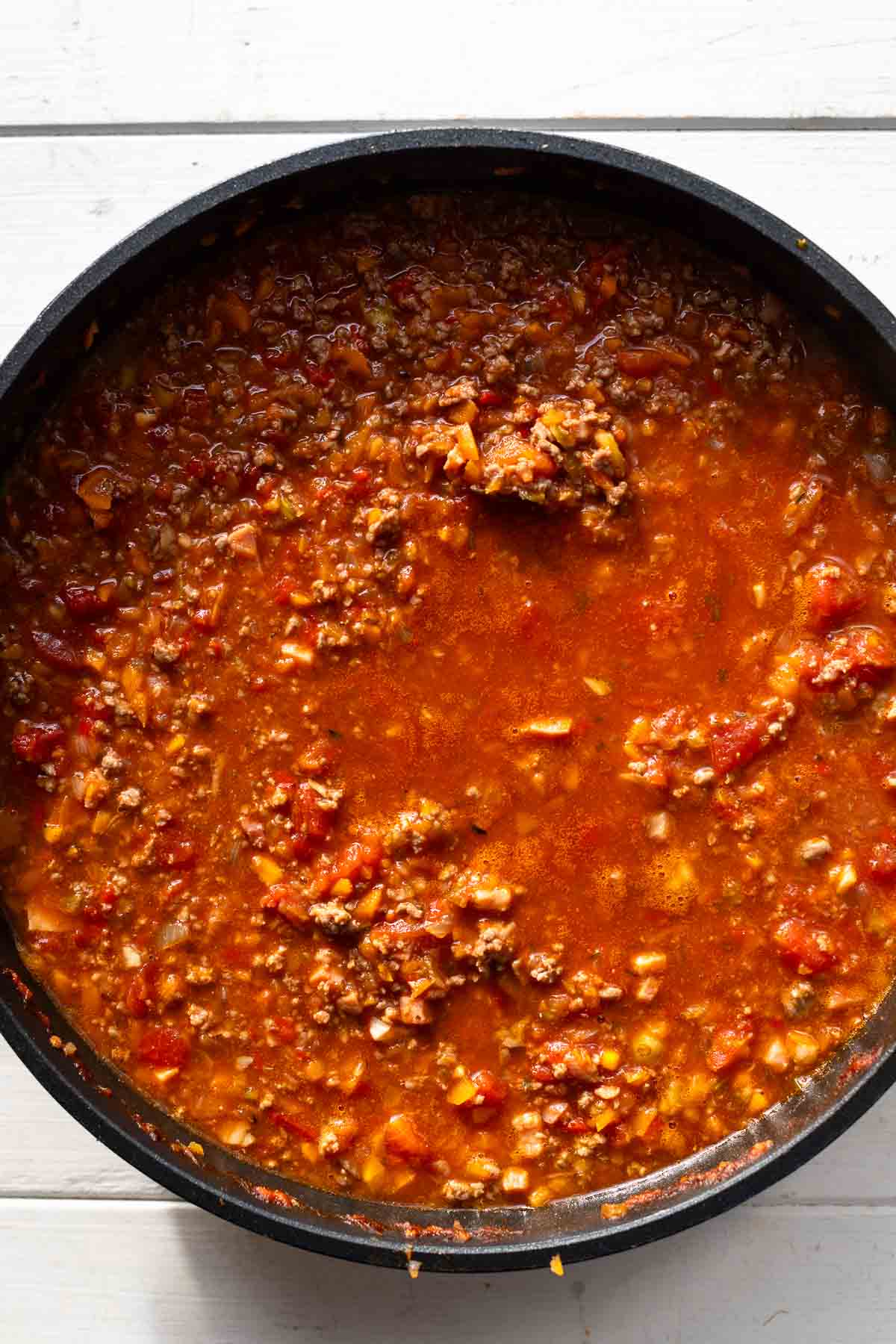 cooked bolognese sauce in pan