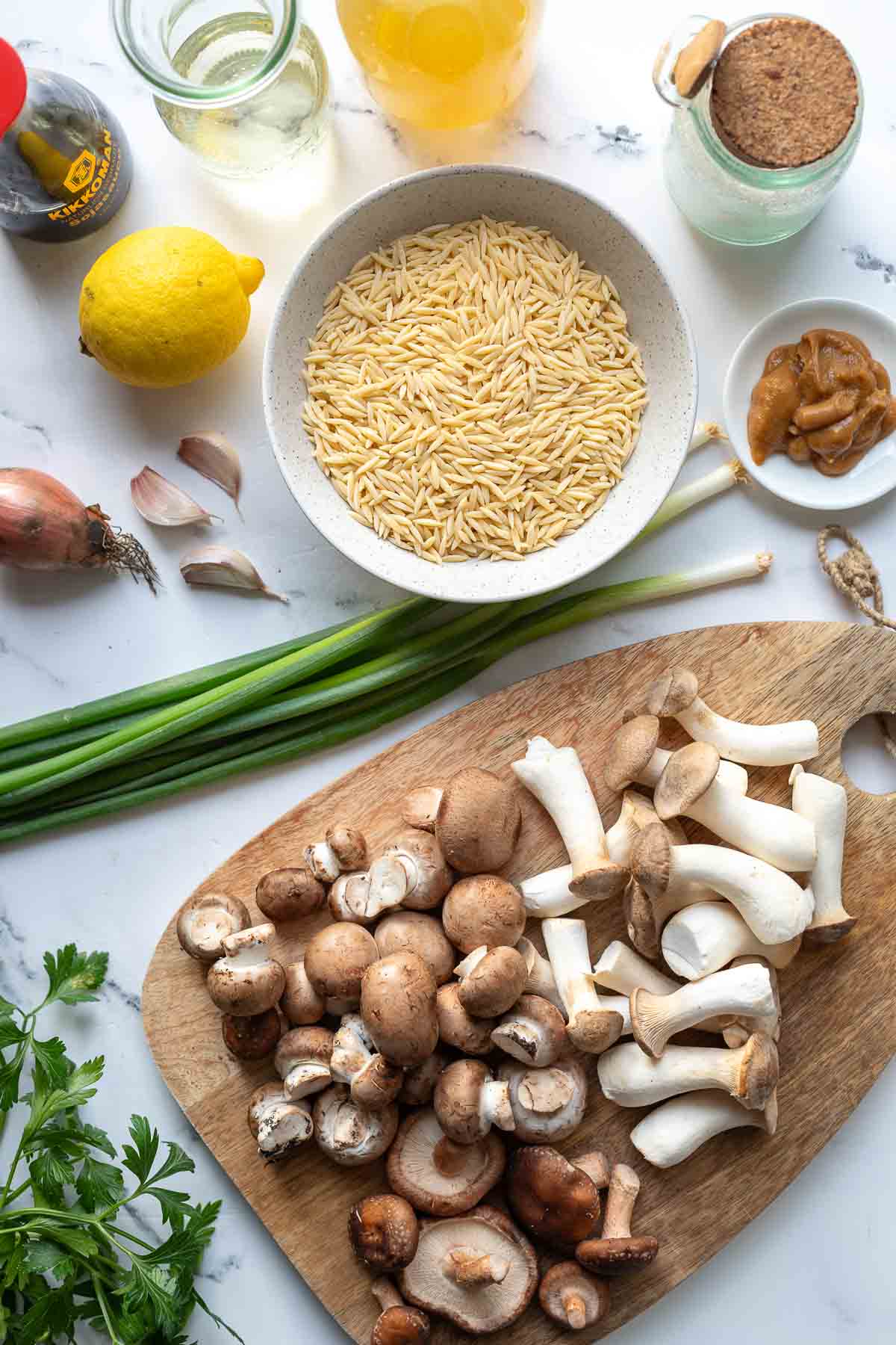 Recipe ingredients for Orzo with mushrooms, miso and soy sauce
