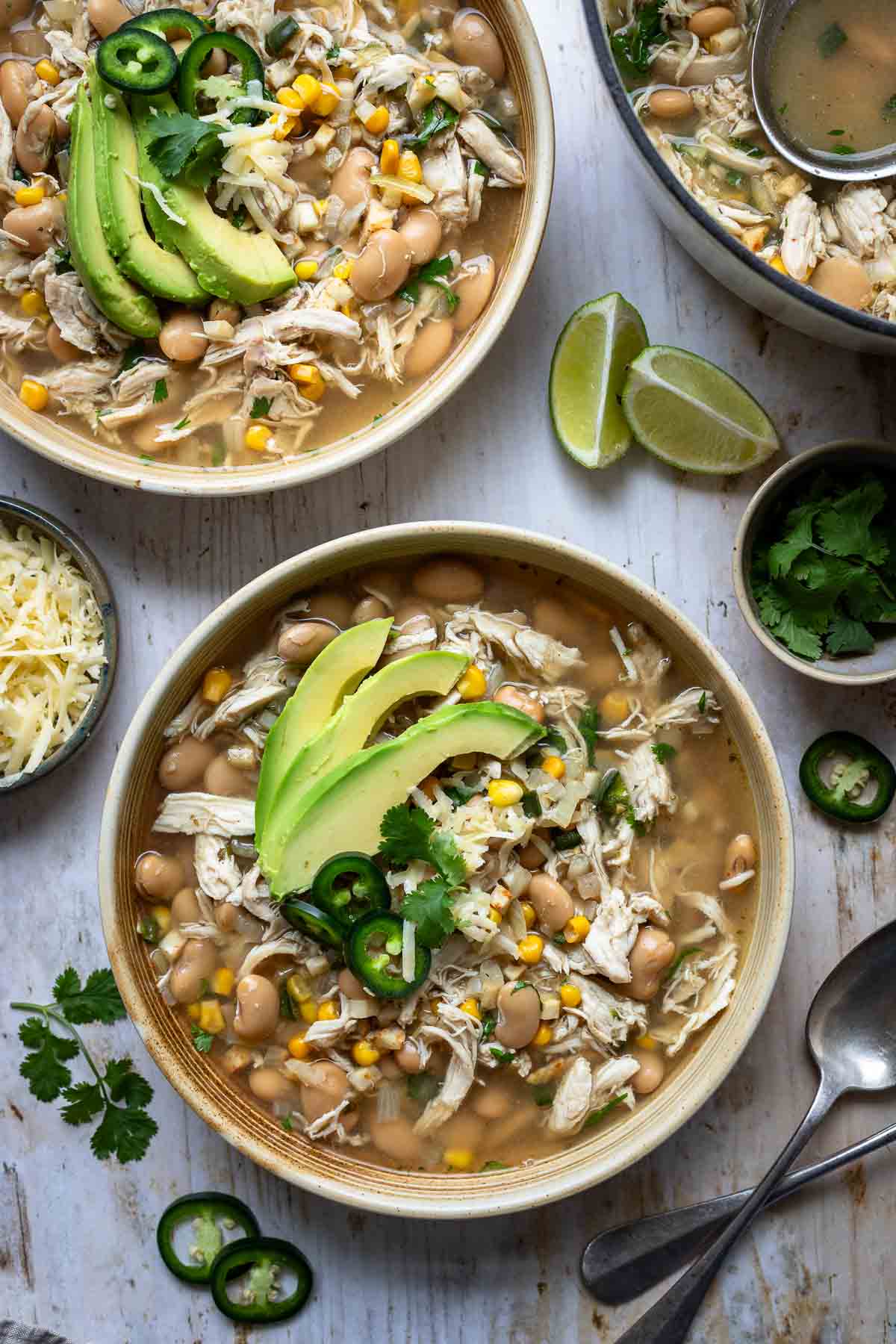 Easy one-pot White Chicken Chili recipe with butter beans and corn