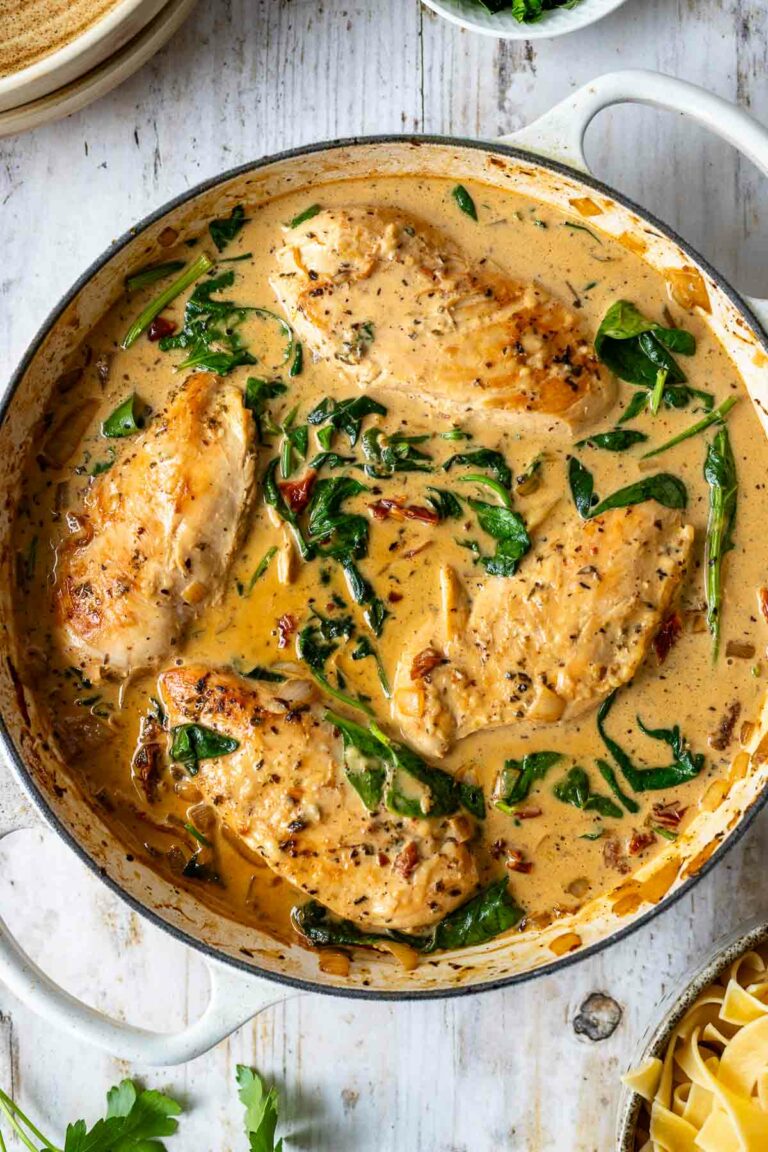 Toskanische Hähnchen Pfanne mit Spinat und Getrocknete Tomaten