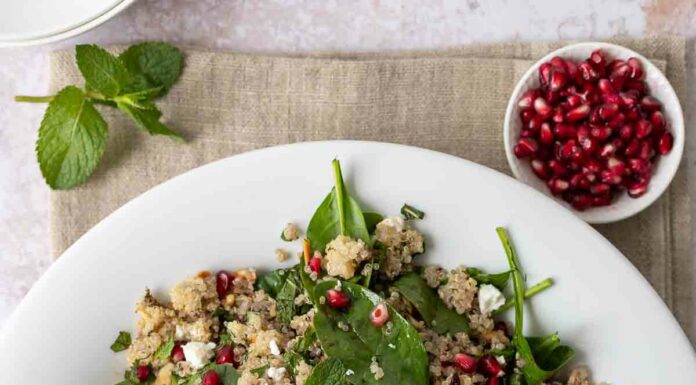 Quinoa Salat mit Feta, Spinat, Cranberries und Kräutern