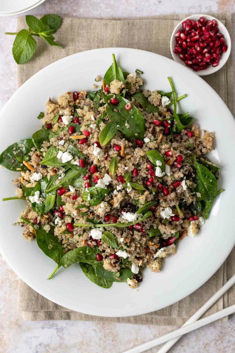 Quinoa Salat mit Feta, Spinat, Cranberries und Kräutern