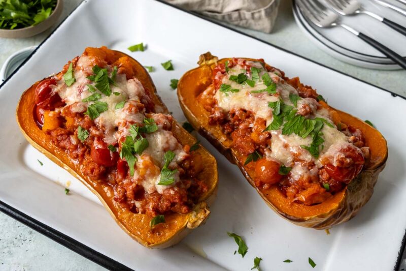 Sausage Stuffed Butternut Squash recipe with Italian Salsiccia, Cherry Tomatoes and Parmesan Cheese