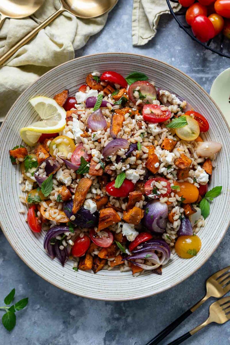 Pearl Barley Salad with Roasted Sweet Potato, Harissa, and Feta