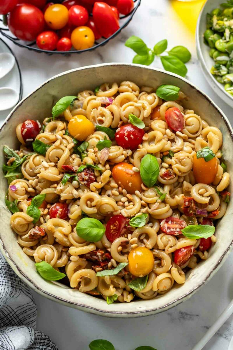 Italian Pasta Salad Recipe with Tomatoes, Pine Nuts, Basil and Parmesan