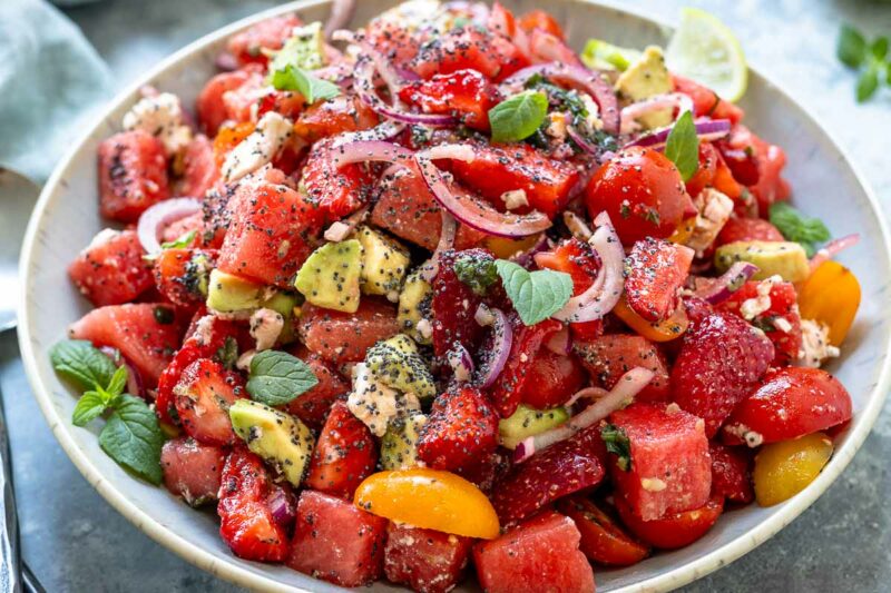 Watermelon Feta Salad with Tomatoes, Avocado, Mint Dressing