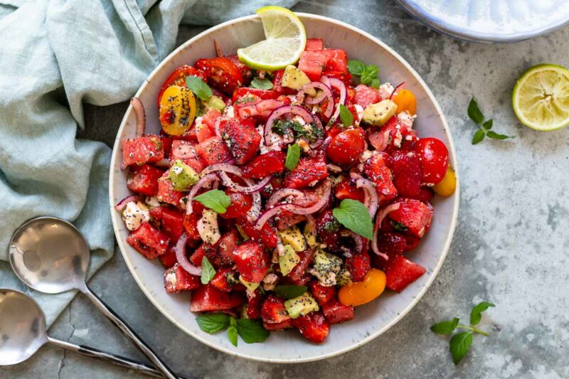 Watermelon Feta Salad with Tomatoes, Avocado, Mint Dressing