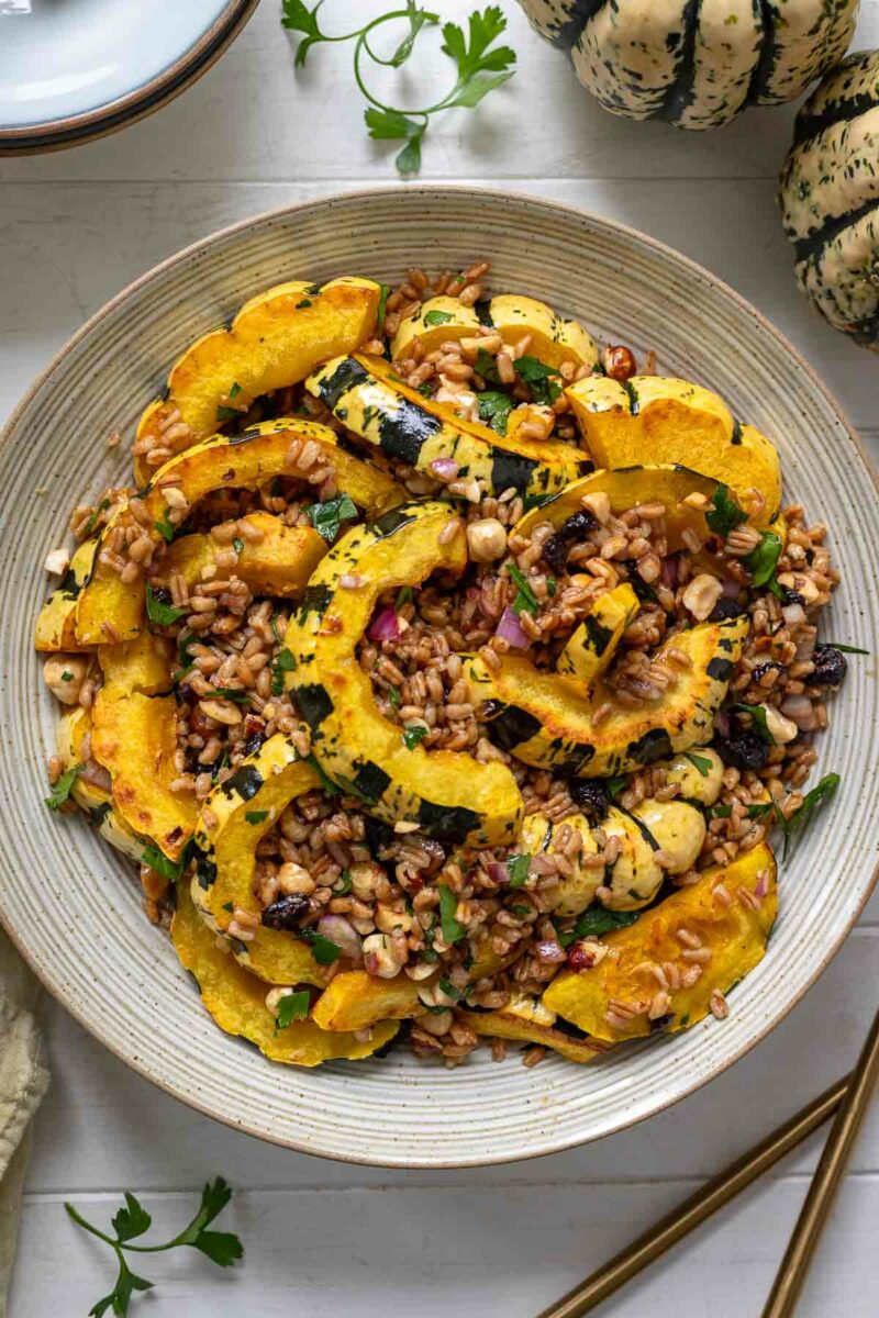 Roasted Sweet Dumpling Salad with Spelt, Hazelnuts and Cranberries