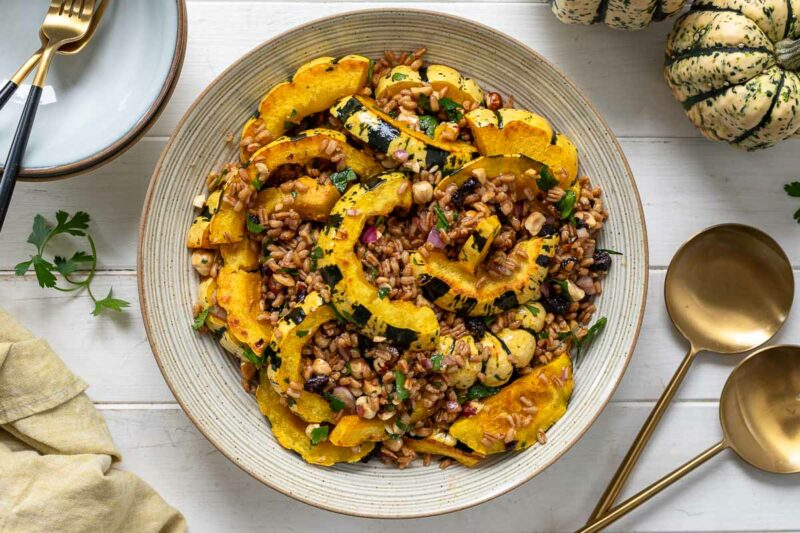 Roasted Sweet Dumpling Salad with Spelt, Hazelnuts and Cranberries