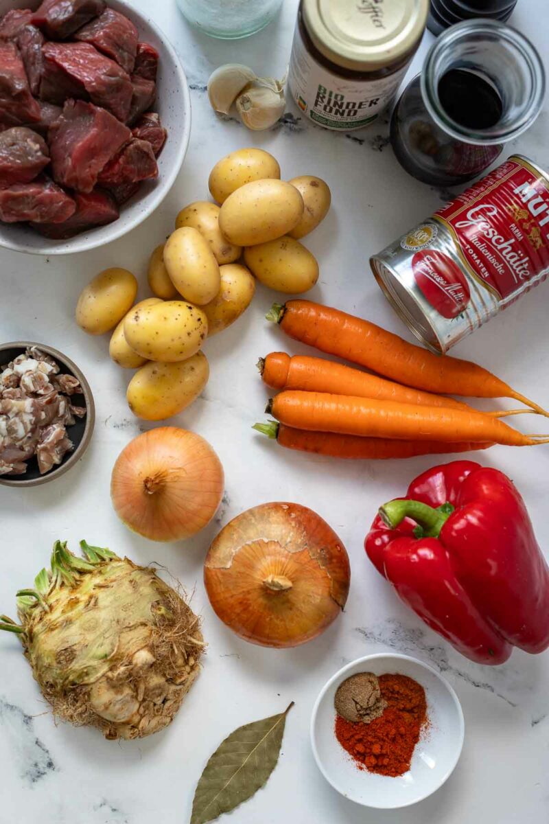 Ingredients for beef and vegetable stew