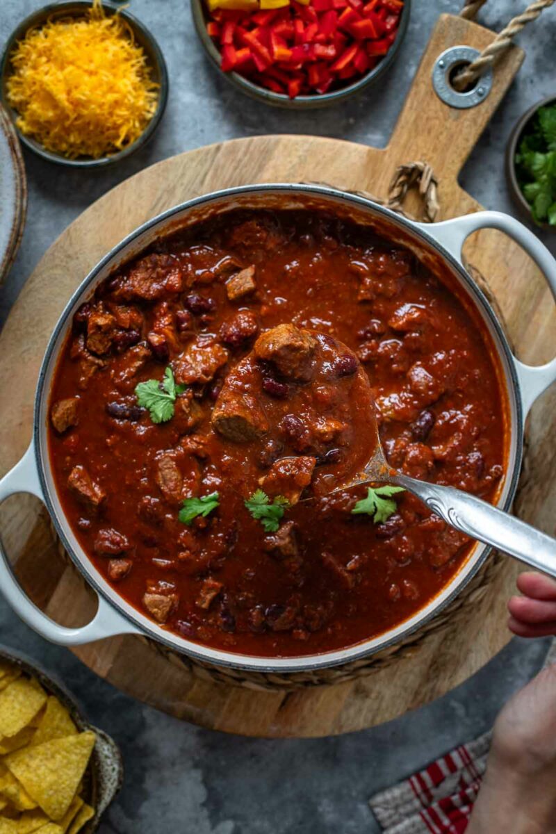 Chilli con Carne (Chunky Stew-Style Chili Recipe) in a serving dish