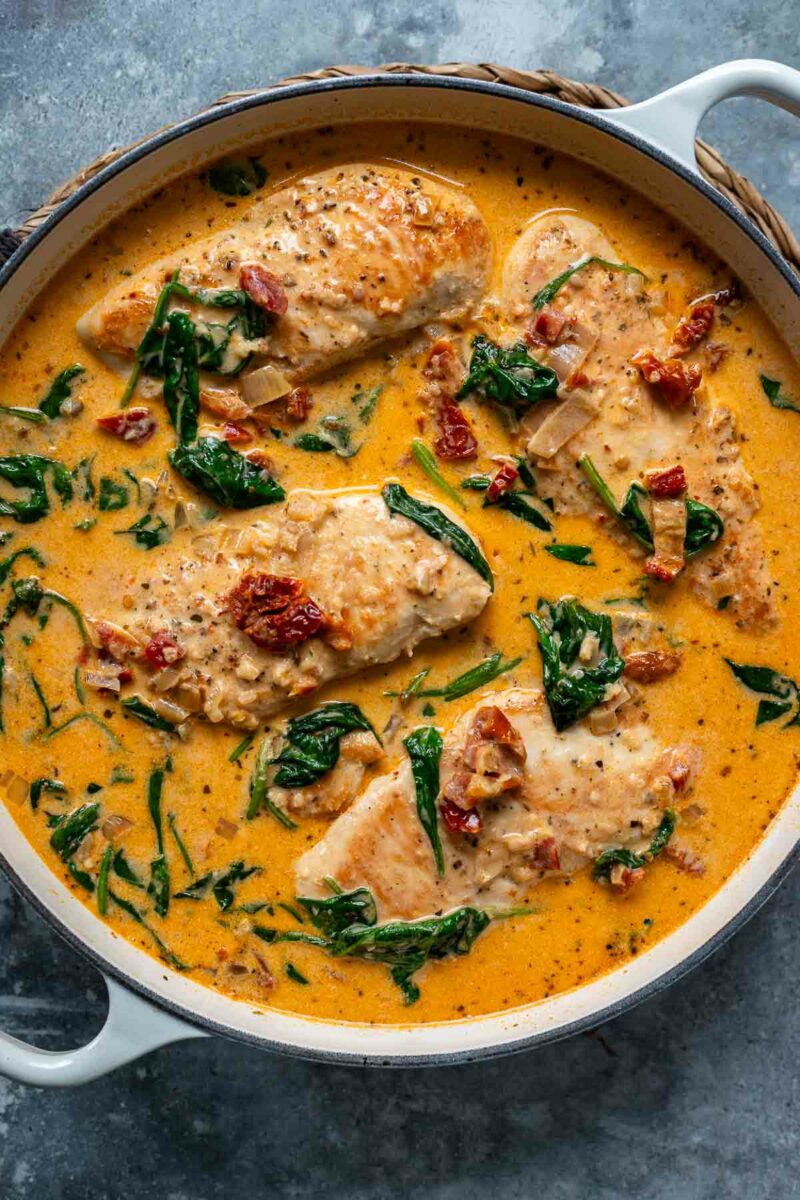 Chicken with Creamy Sun-Dried Tomato Sauce (Marry Me Chicken) with Spinach and Sun-Dried Tomatoes.