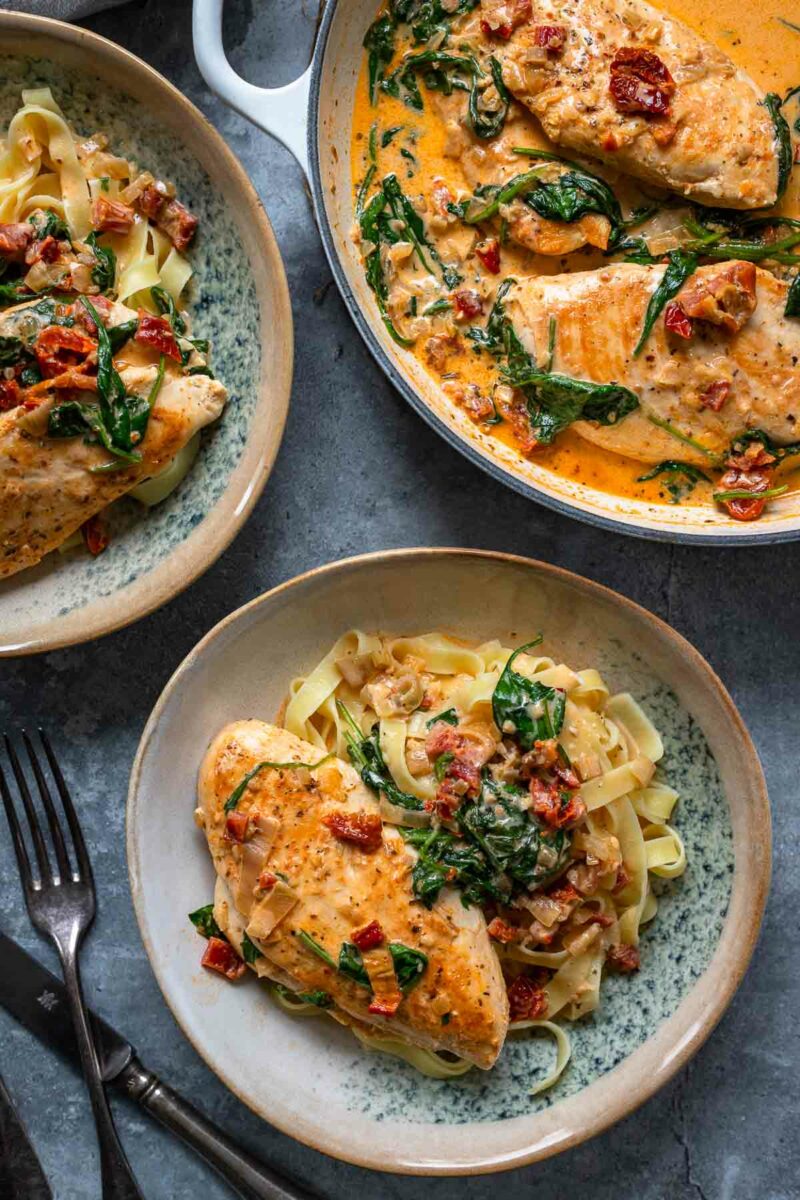 Chicken with Creamy Sun-Dried Tomato Sauce (Marry Me Chicken) with Spinach and Sun-Dried Tomatoes served with pasta