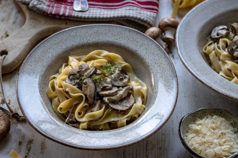 Serving bowl with Miso Mushroom Pasta