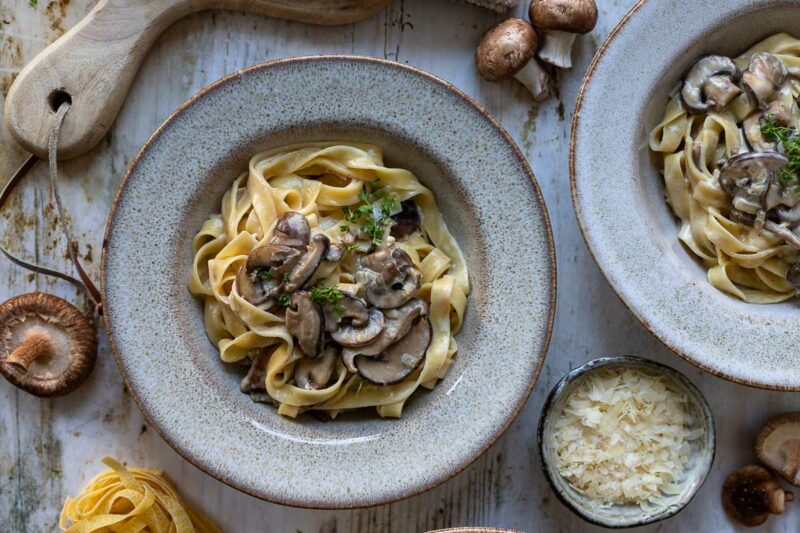 Serving bowl with Miso Mushroom Pasta