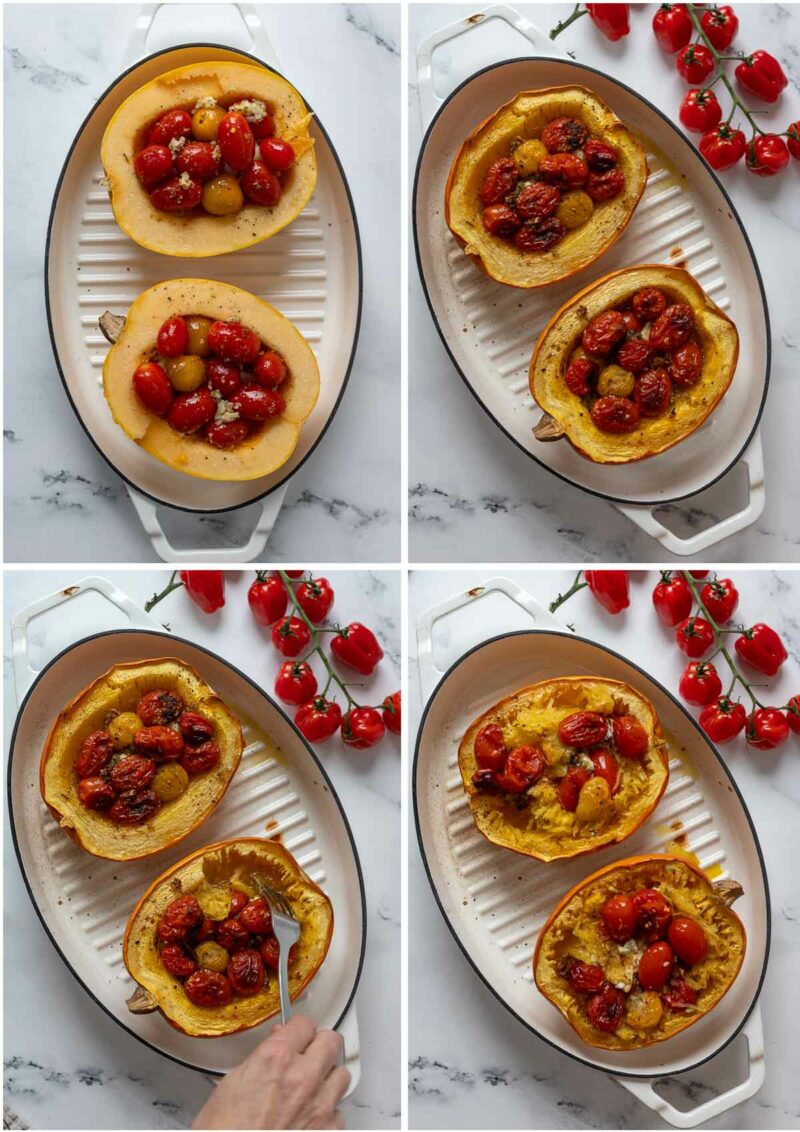 Steps for making Baked Spaghetti Squash with Feta and Tomatoes (Zubereitung für Spaghettikürbis mit Feta Rezept – so gehts Schritt für Schritt)