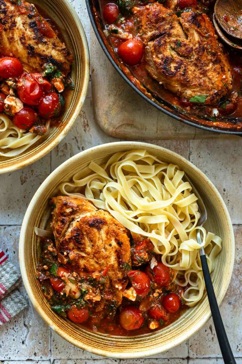 Greek Chicken Skillet recipe with Tomatoes, Olives, Feta and fresh Herbs 