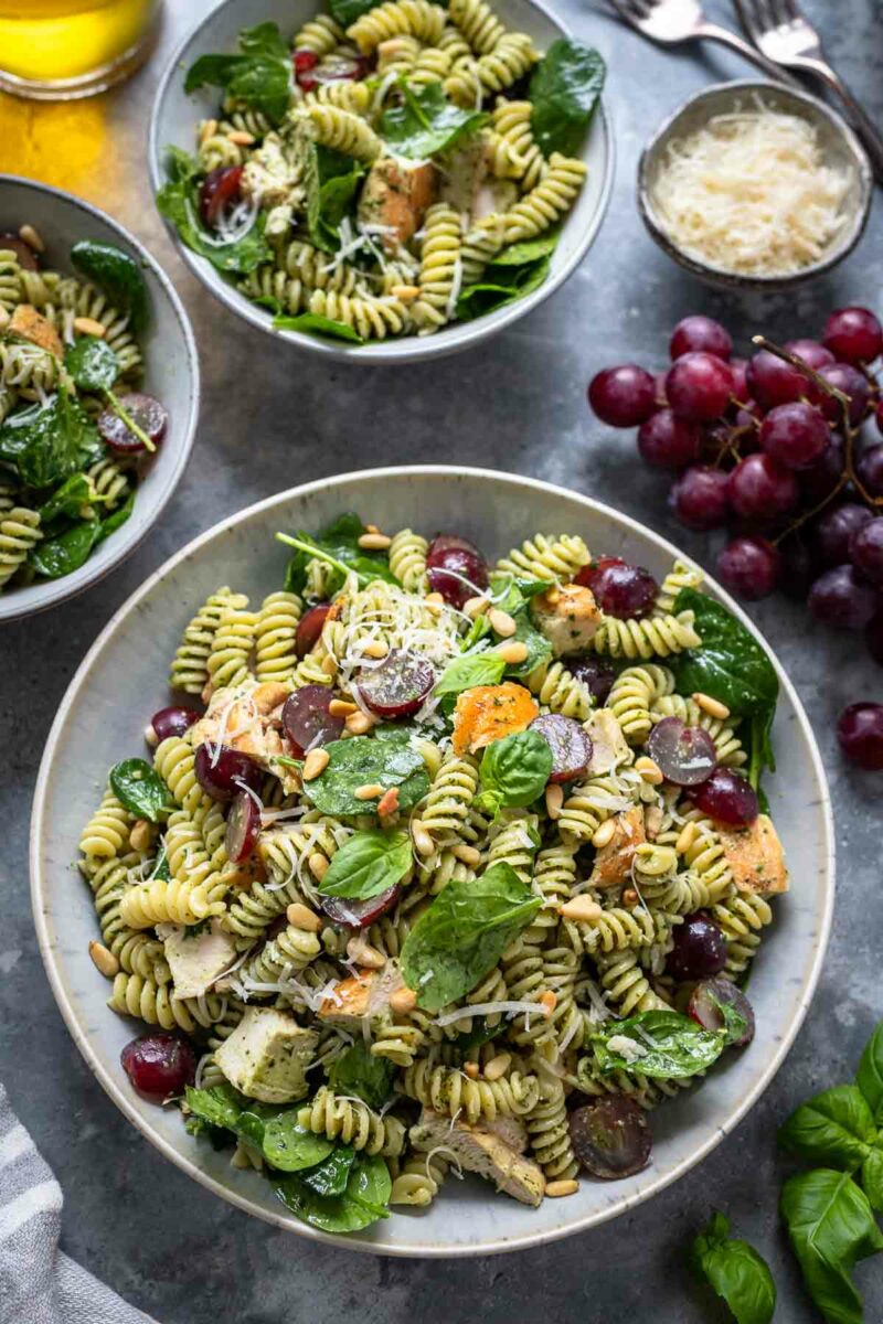 Chicken Pesto Pasta Salad with Pickled Grapes