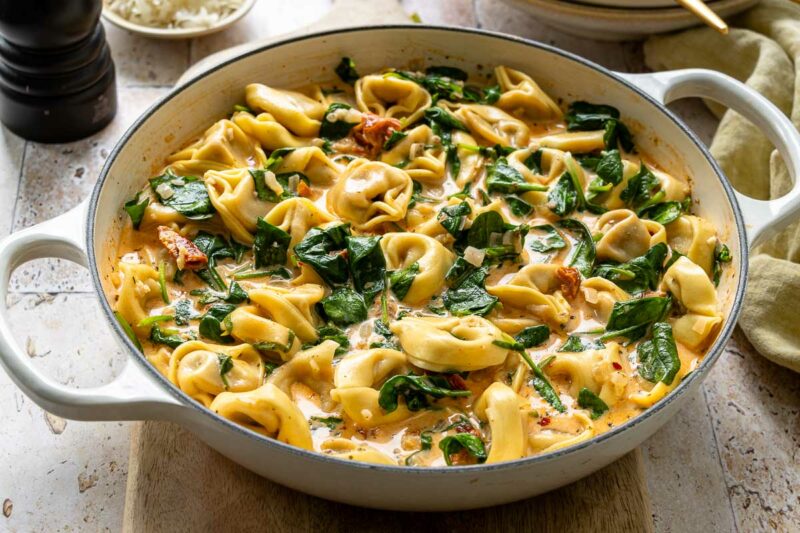 one-pot creamy tortellini skillet with sun-dried tomatoes and spinach 