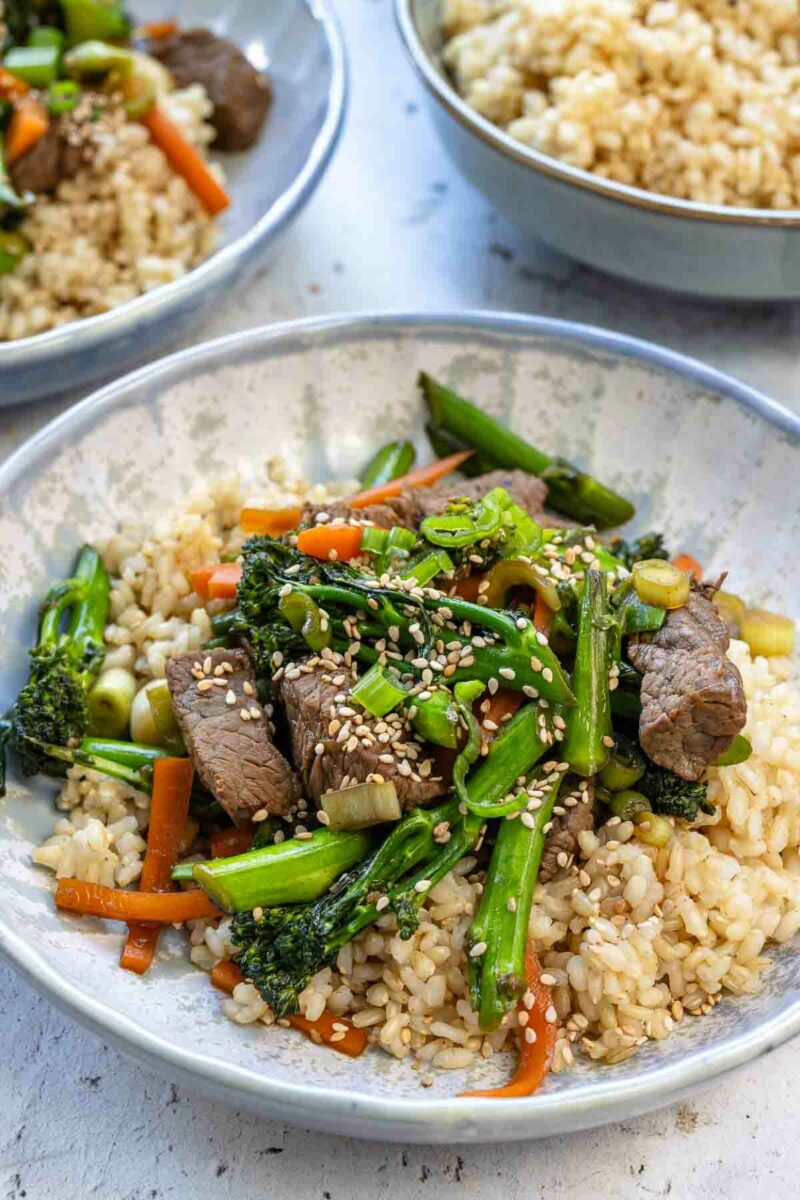 Beef Stir-Fry with Broccoli, Carrots, Green Onion and Hoisin Sauce served with Rice