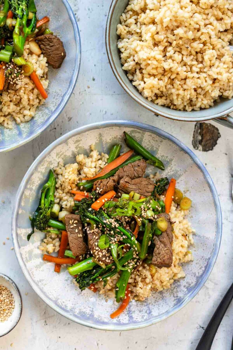 Beef Stir-Fry with Broccoli, Carrots, Green Onion and Hoisin Sauce served with Rice
