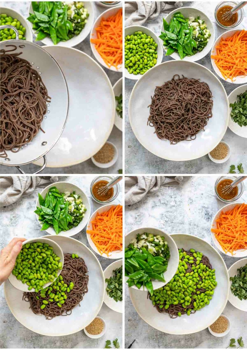 Pictures depicting how the soba salad is made, step by step