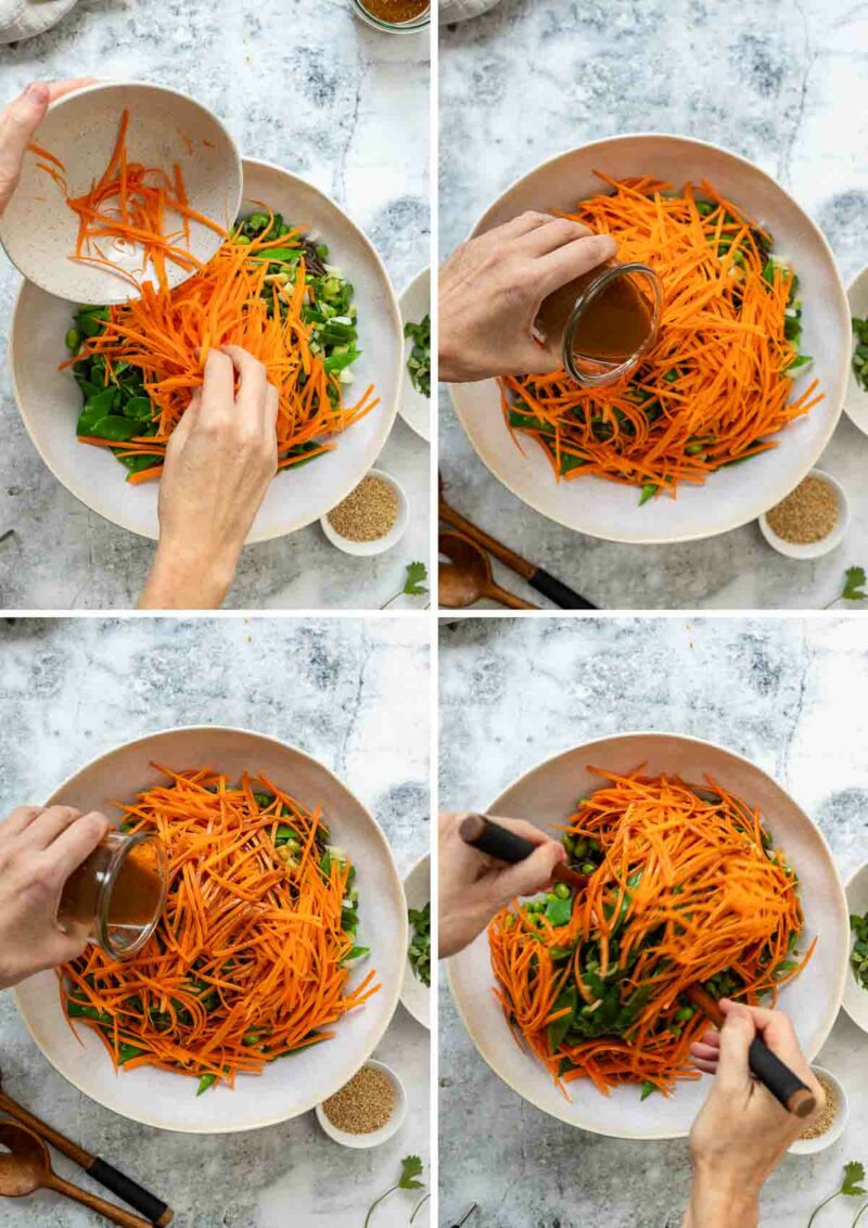 Pictures depicting how the soba salad is made, step by step