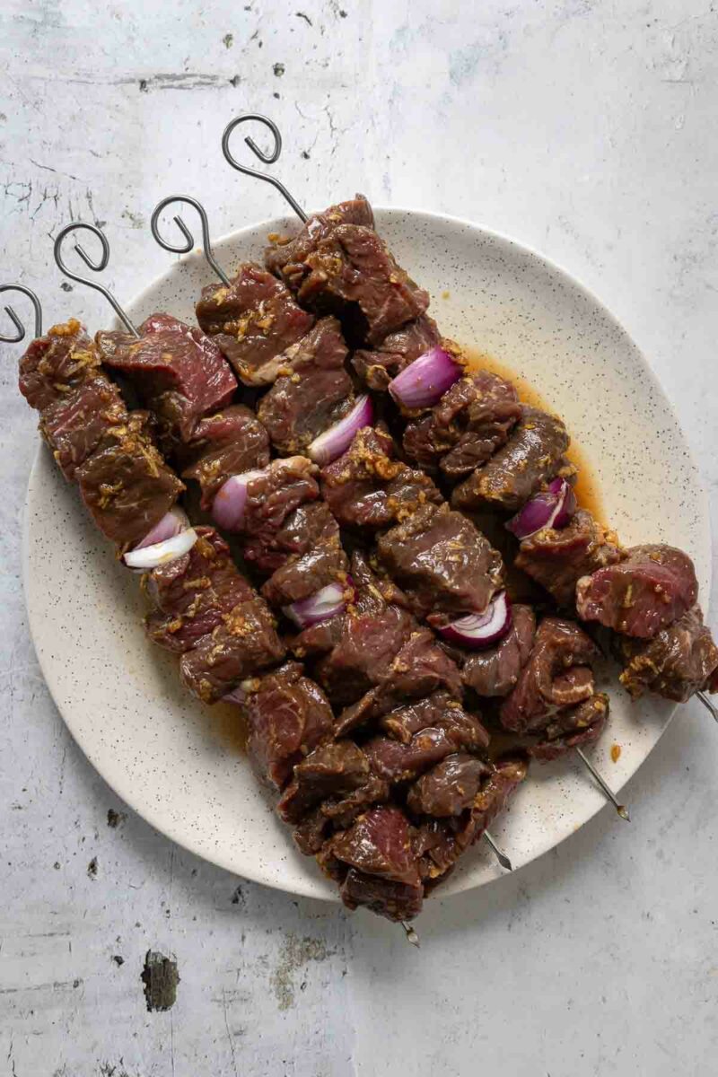 Marinated Steak Kebaps (Asian-Style) before grilling