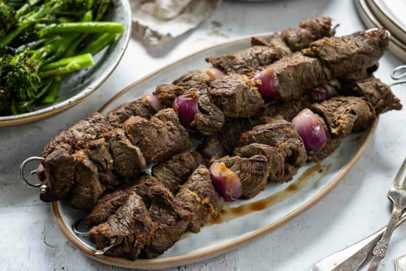 Marinated Steak Kebaps (Asian-Style) served with jasmine rice and brokkolini