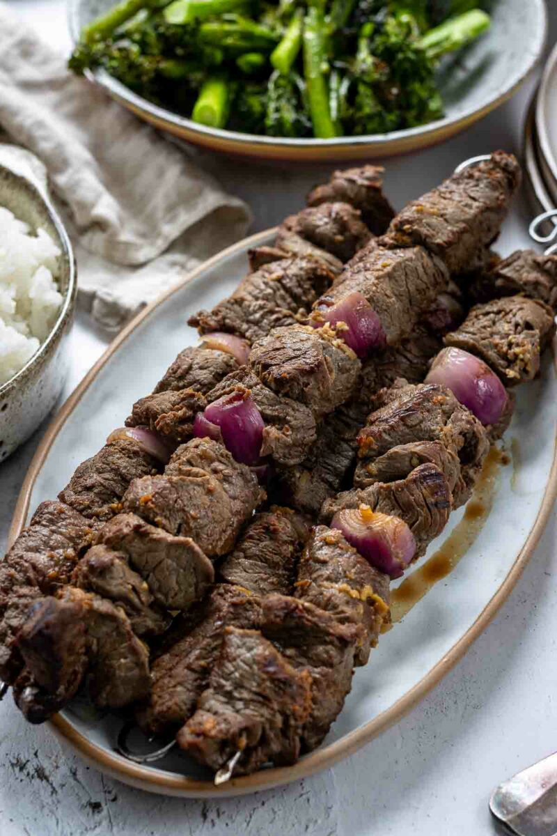 Marinated Steak Kebaps (Asian-Style) on a plate ready to serve