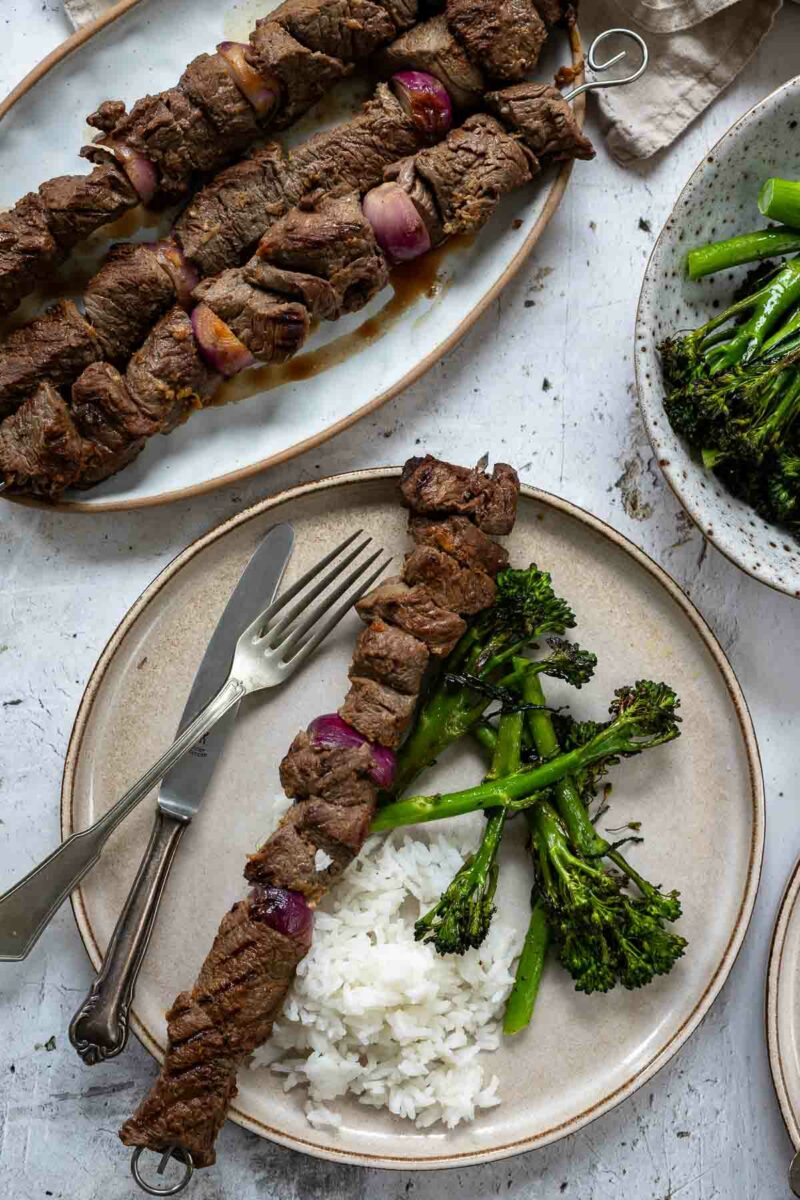 Marinated Steak Kebaps (Asian-Style) served with jasmine rice and brokkolini