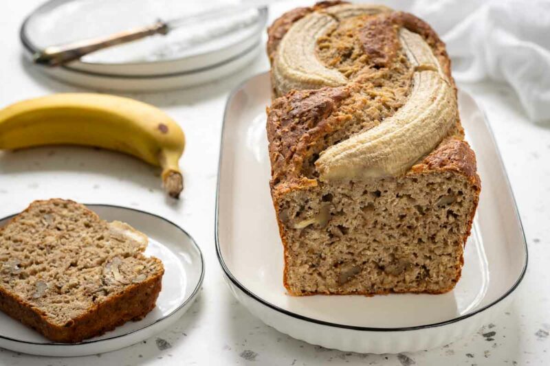 Healthy banana bread recipe made with whole grain flour, cottage cheese, oats, and ripe bananas. Naturally sweet, high in protein, low in fat.