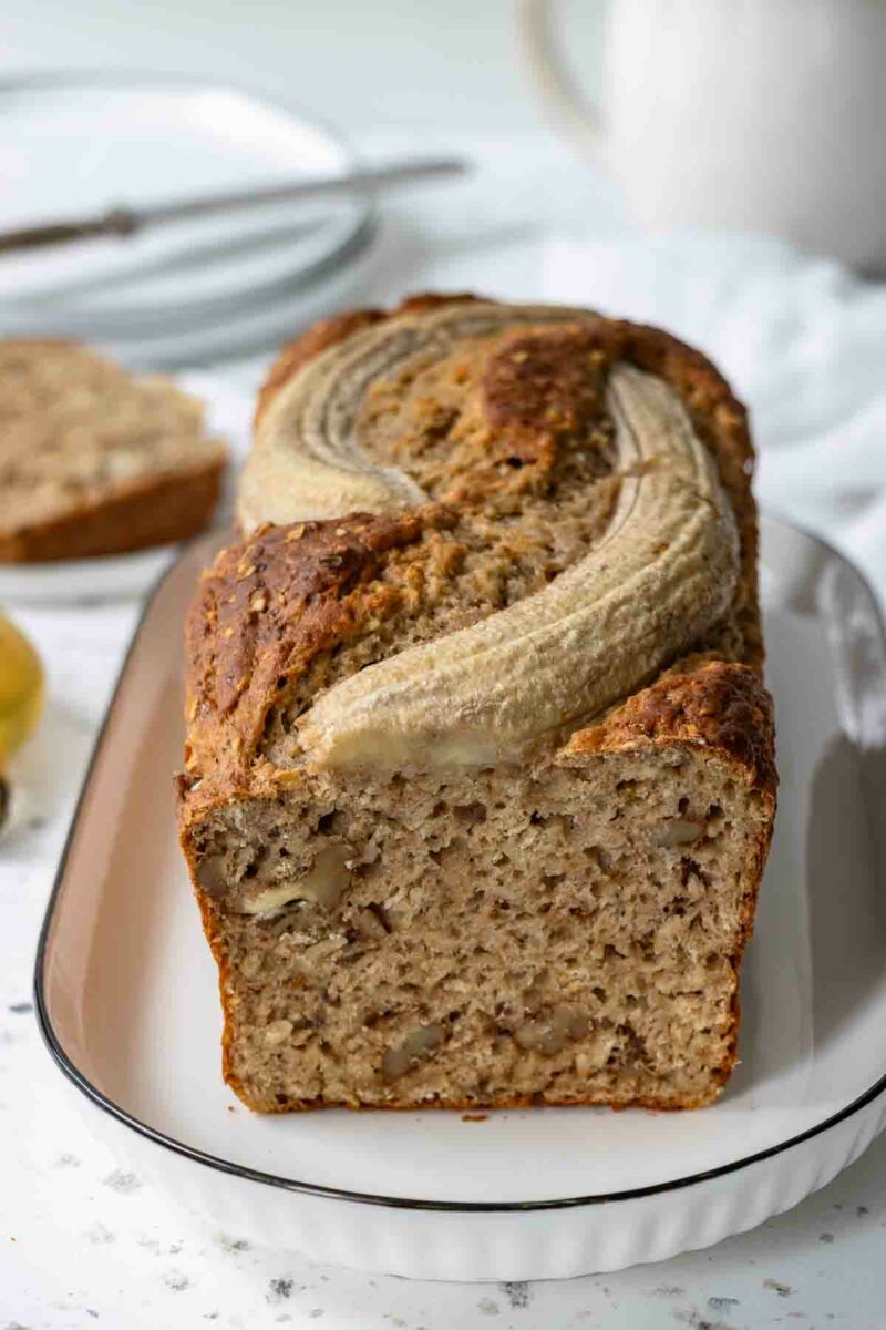 Healthy banana bread recipe made with whole grain flour, cottage cheese, oats, and ripe bananas. Naturally sweet, high in protein, low in fat.