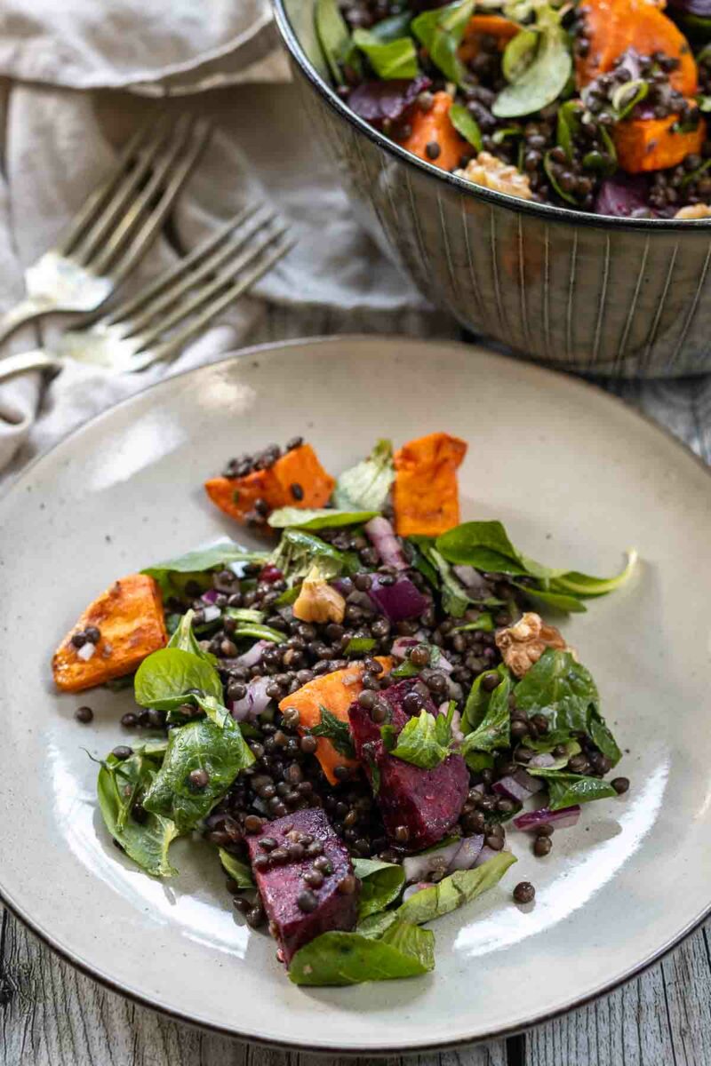 Lentil Salad with Roasted Sweet Potato and Beetroot, lamb’s lettuce, walnuts and a white balsamic dressing