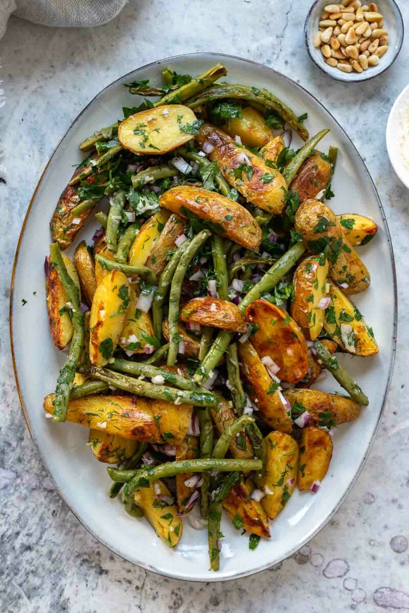 Roasted Potatoes and Green Beans with lemon-garlic dressing and fresh herbs