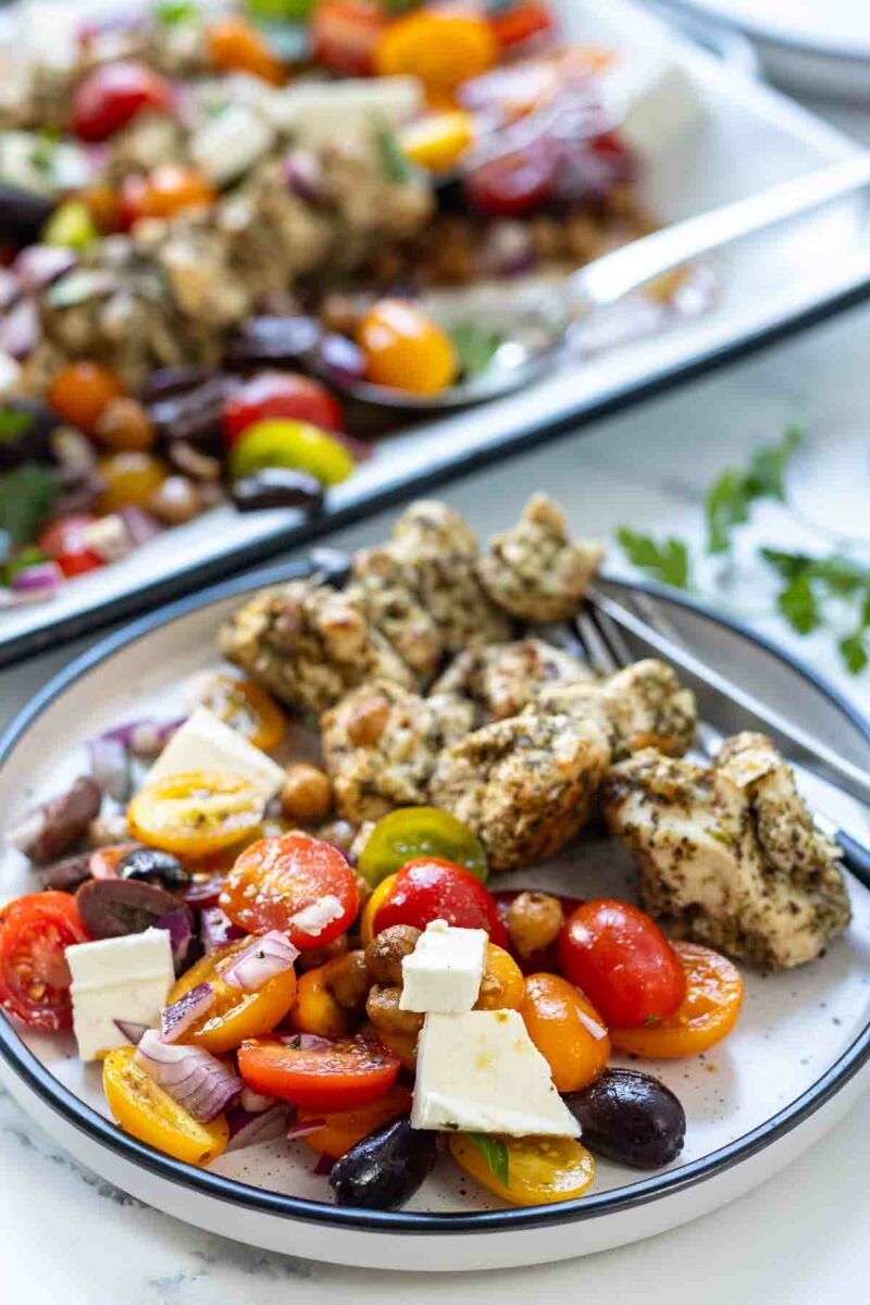 Chicken Souvlaki, Greek-Style Oven Kebabs served on a plate