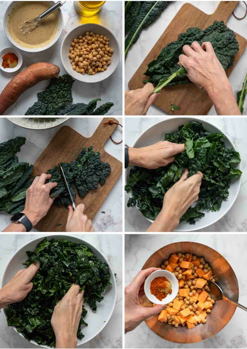 Step by step pictures on how to prepare Vegan Kale Caesar Salad recipe with roasted Sweet Potato & Chickpeas 