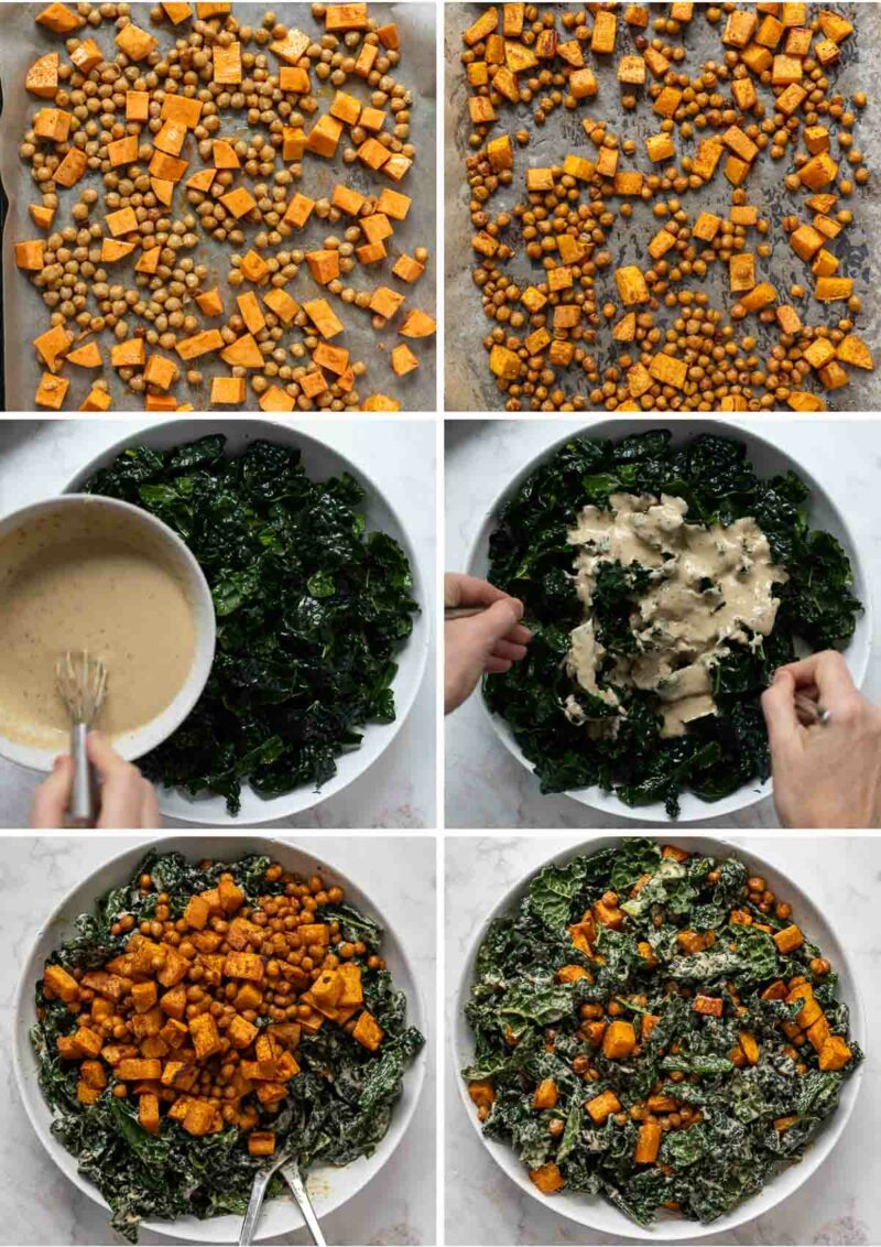Step by step pictures on how to prepare Vegan Kale Caesar Salad recipe with roasted Sweet Potato & Chickpeas 