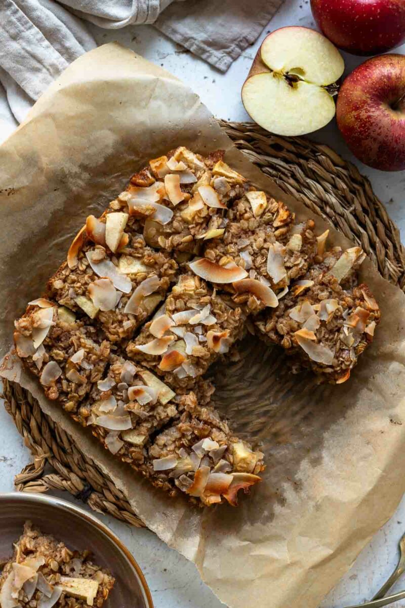 Recipe for Baked Oatmeal with Apple & Walnuts cut into squares