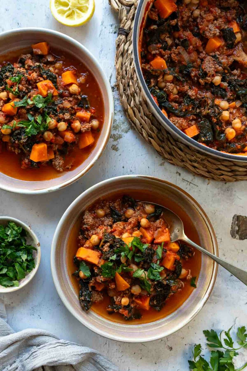 Moroccan Lamb and Chickpea Chili with kale and sweet potatoes