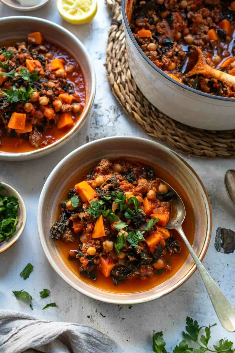 Moroccan Lamb and Chickpea Chili with kale and sweet potatoes, one pot recipe
